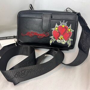 Ed Hardy iconic black love hearts crossbody wristlet wallet New purse